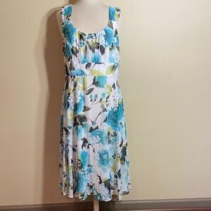 Dress Barn White Midi Dress with Teal and Green Floral Print